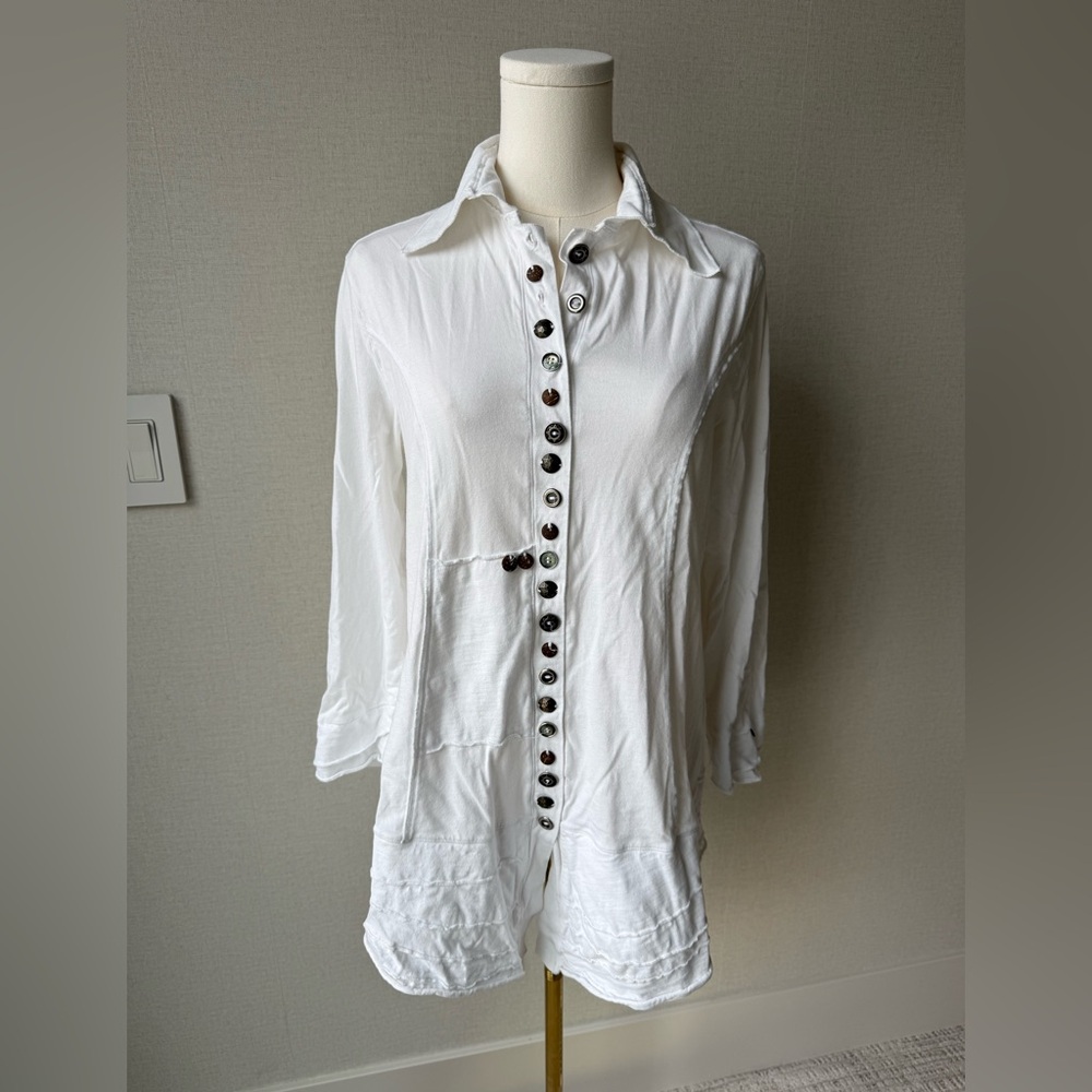 neon buddha White Button-Front Long Shirt Jacket with Decorative Buttons